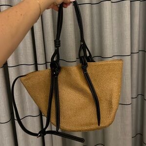 Zara Tan Woven Tote with Black Trim